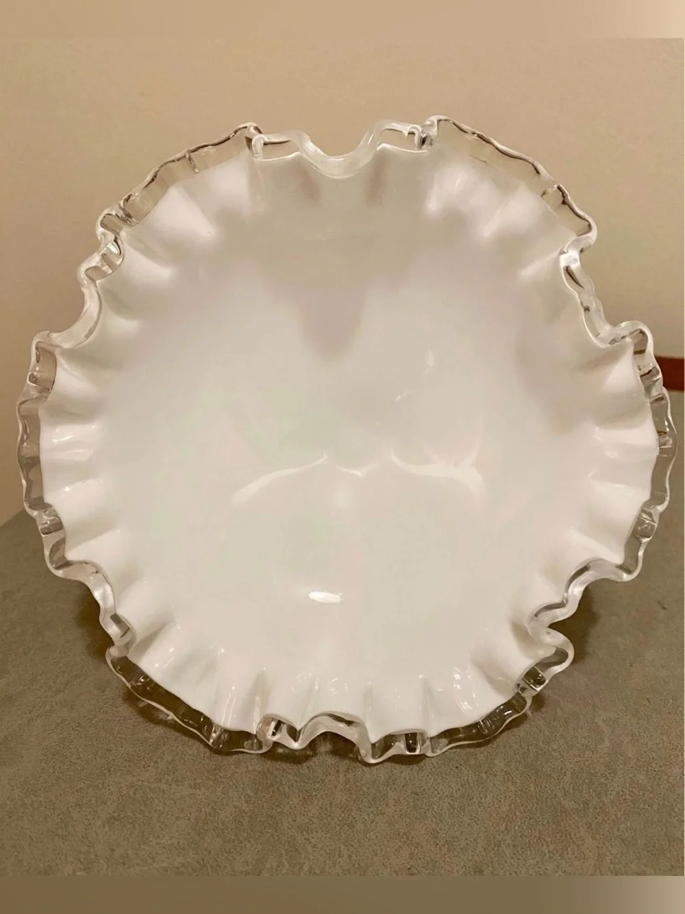 Vintage Fenton White Glass Silver Crest Ruffled Edge Pedestal Compote Bowl